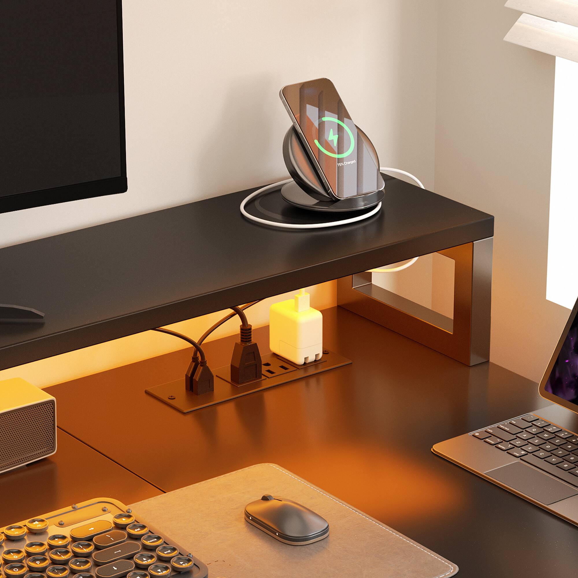 Alt View 1. Aheaplus - Reversible L Shaped Gaming/Office Desk with Power Outlet, File Drawer, Monitor Stand, LED Strip & Storage Shelf - Black.