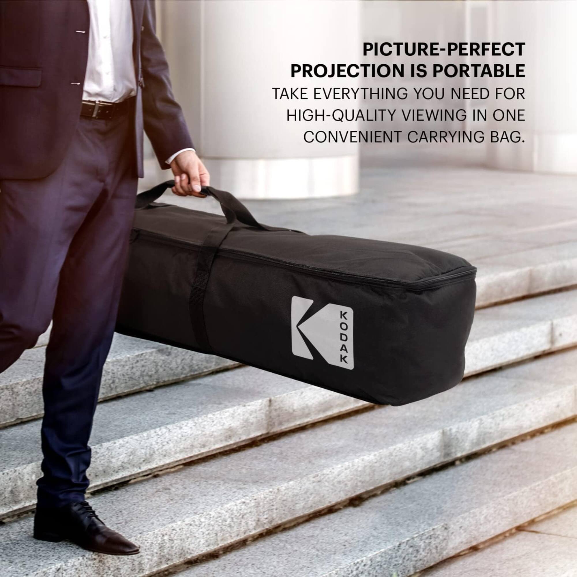 PICTURE-PERFECT PROJECTION IS PORTABLE
TAKE EVERYTHING YOU NEED FOR HIGH-QUALITY VIEWING IN ONE CONVENIENT CARRYING BAG.
KODAK