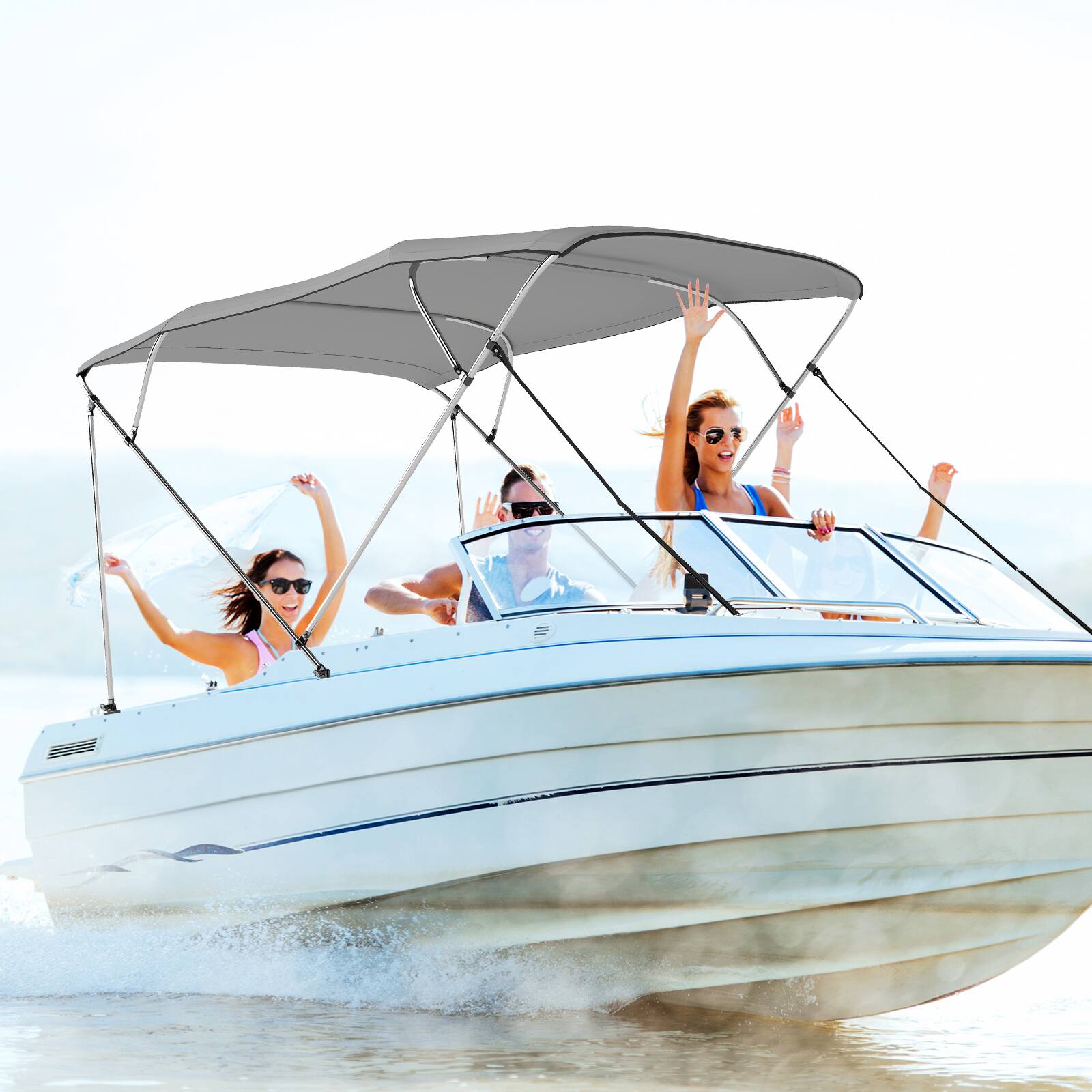 Alt View 1. Gymax - Gymax 4-Bow Boat Bimini Top Sun Shade Boat Canopy w/ Storage Boot Straps - Gray.