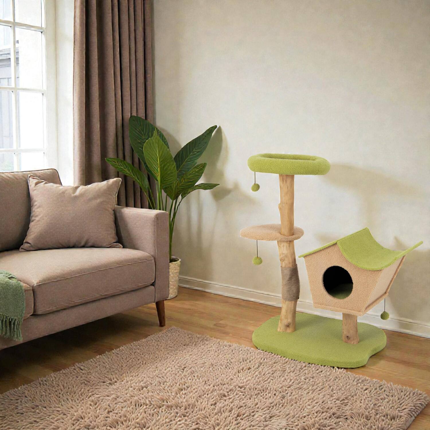 Front. BreeBe - 43" Wooden Cat Tower with Cushioned Elevated Perch - Green.