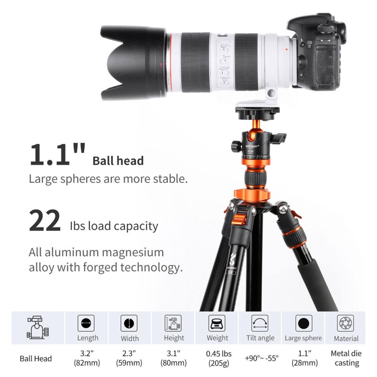 ECS

1.1" Ball head  
Large spheres are more stable.

22 lbs load capacity  
All aluminum magnesium alloy with forged technology.

Length: 3.2" (82mm)  
Width: 2.3" (59mm)  
Height: 3.1" (80mm)  
Weight: 0.45 lbs (205g)  
Tilt angle: +90°~-55°  
Large sphere: 1.1" (28mm)  
Material: Metal die casting