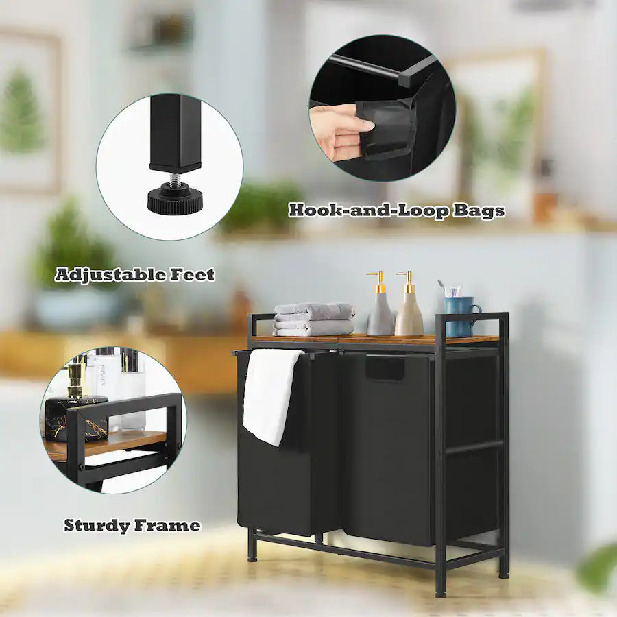 Obby Frame Oumilen 2 Compartment Laundry Hamper with Wood Top – Black Fabric ...