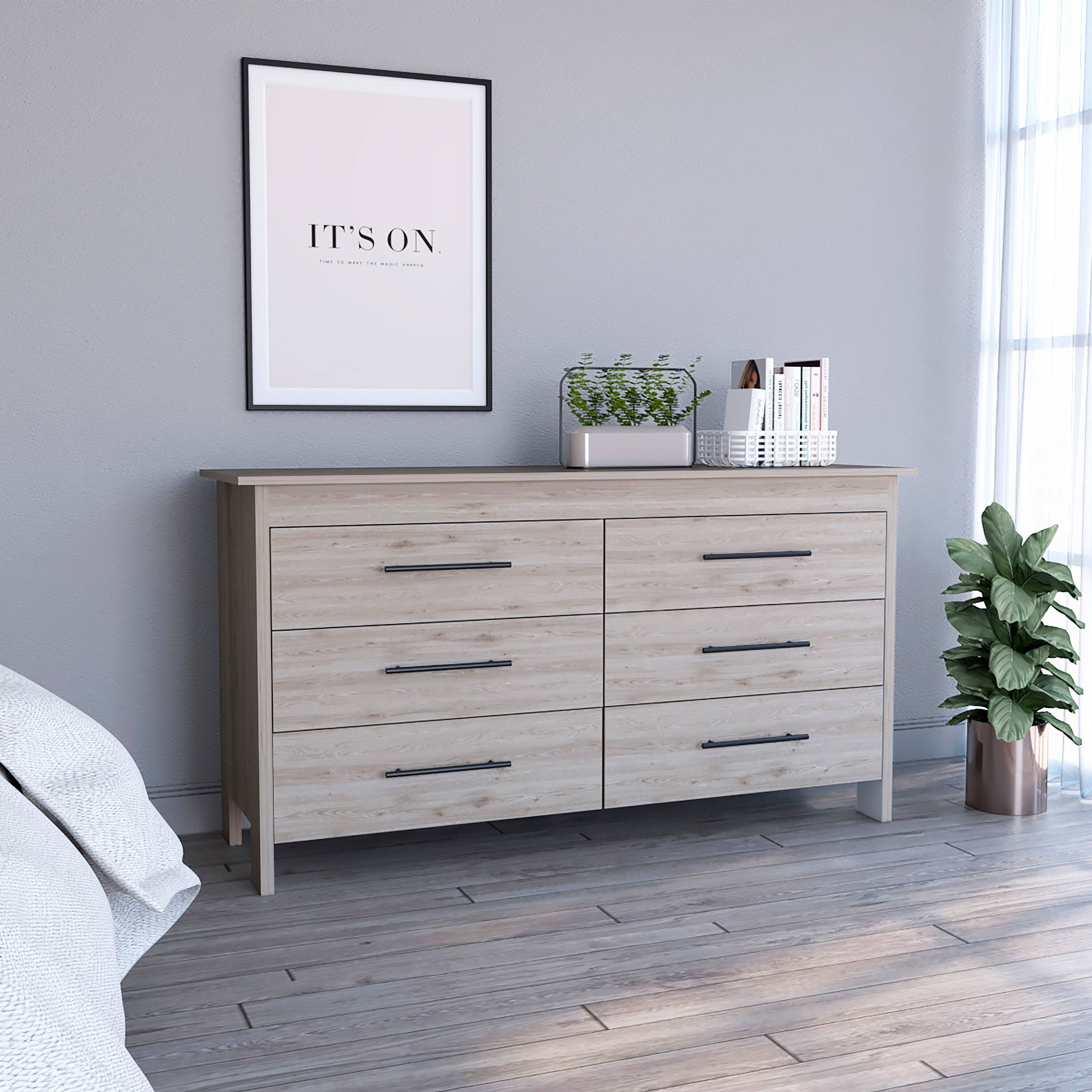 Angle. TuHome - Hms 6 Drawer Double Dresser, Four Legs, Superior Top, Six Drawers - Light Gray.