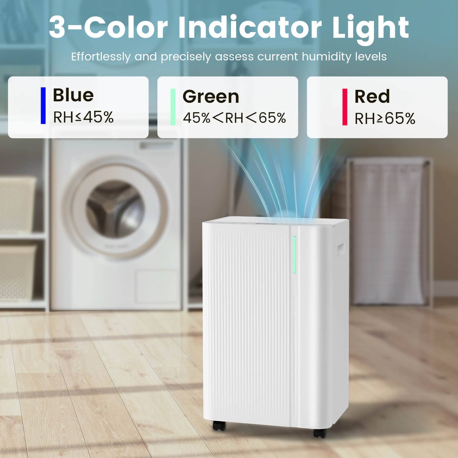 3-Color Indicator Light  
Effortlessly and precisely assess current humidity levels

- Blue: RH ≤ 45%
- Green: 45% < RH < 65%
- Red: RH ≥ 65%