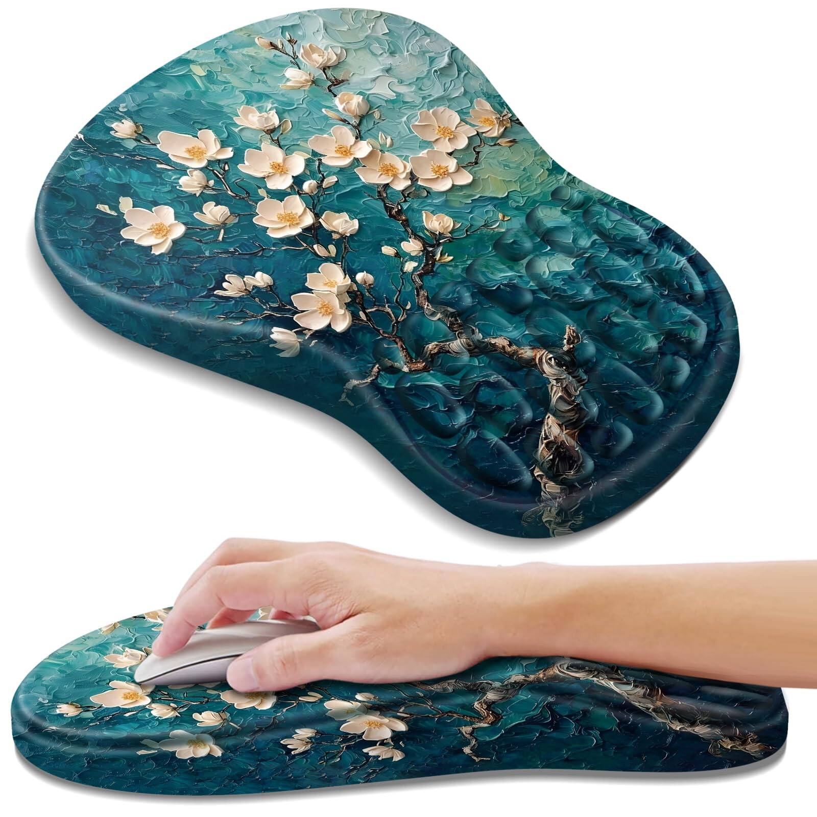 Earthley Blooms - Mouse Pad With Wrist Rest Support Mousepad Comfortable Memory Foam And Non-slip Pu Base For Computer Laptop - Plum Plossom