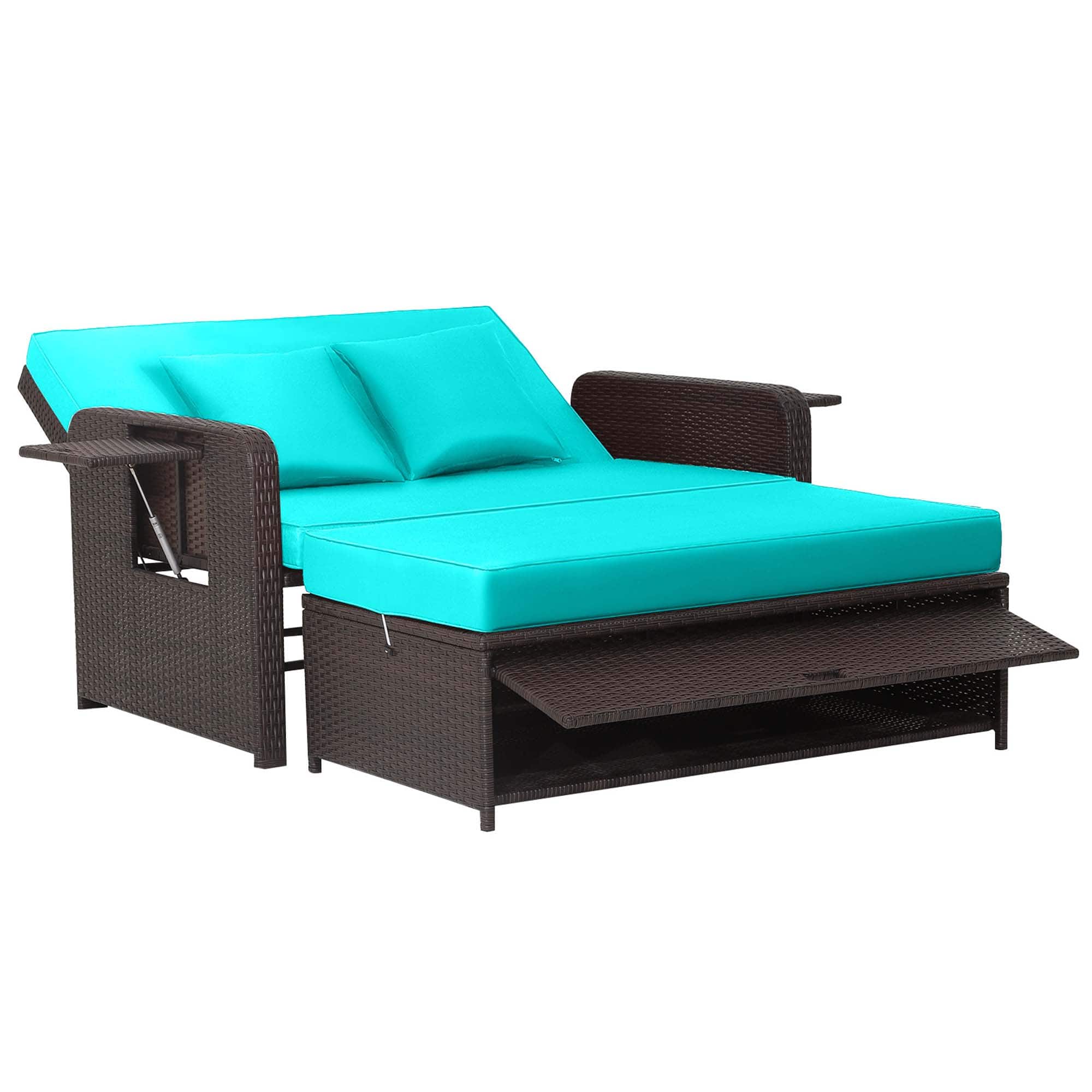 Costway - Patio Rattan Loveseat Set Daybed Lounge Storage Ottoman Side Tables Adjust - Turquoise