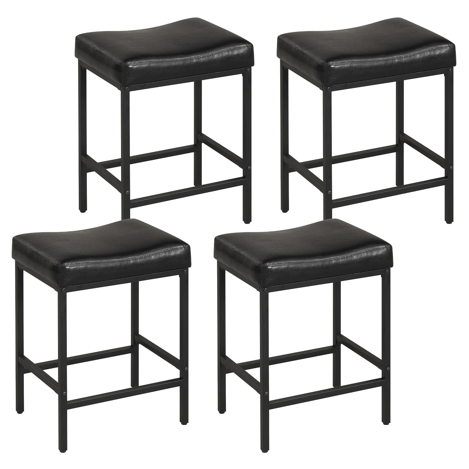 Gymax - Bar Stools Set of 4 25'' Faux Leather Upholstered Saddle Stools w/ Metal Legs - Black