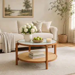 WELLFOR - 35" Rattan Coffee Table with Frosted Tempered Glass Top & Storage Shelf, Round Center Table Cocktail Tea Table - Walnut