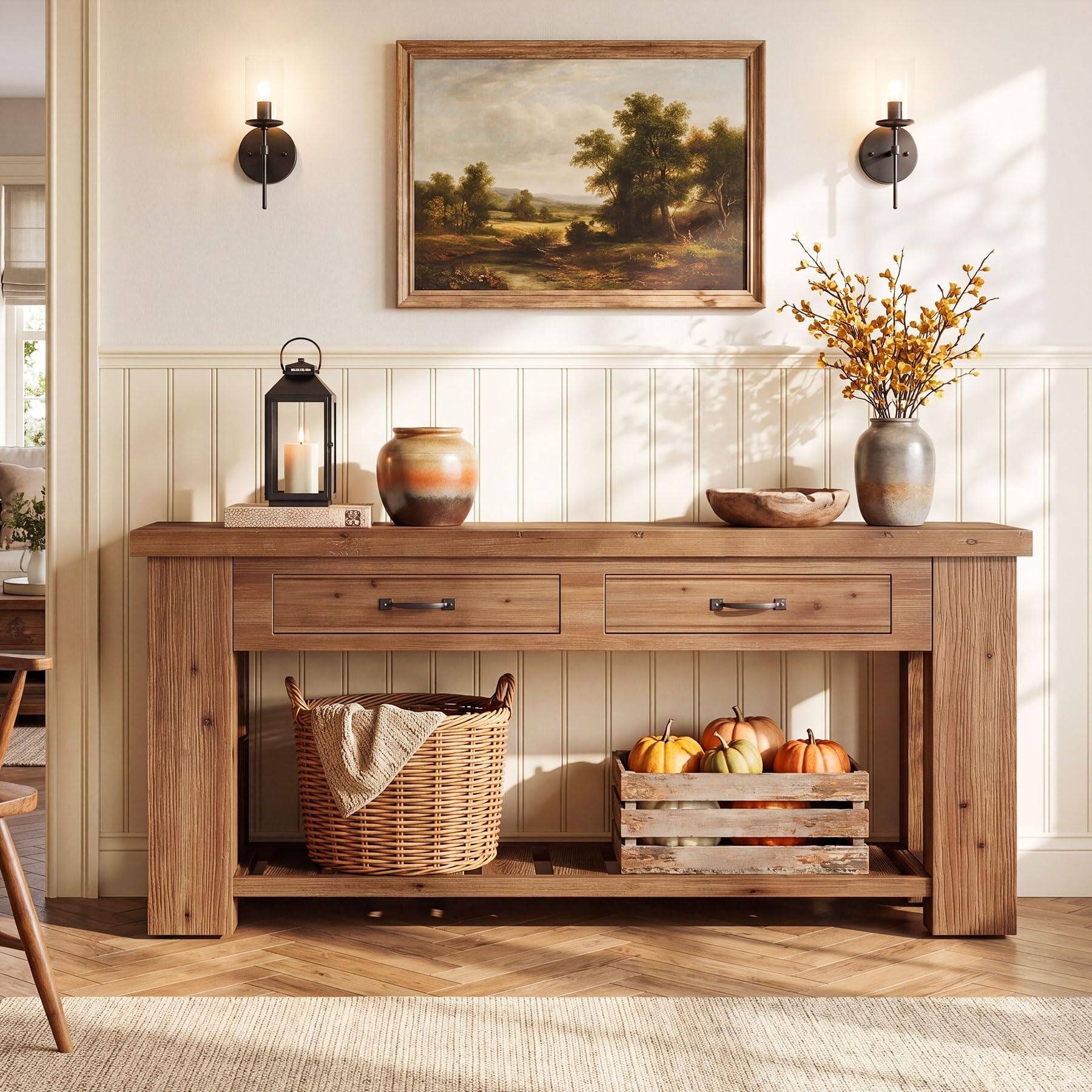 Left. Tribesigns - Wooden Console Table Farmhouse Solid - 63 Inch Long Sofa Table - Walnut.