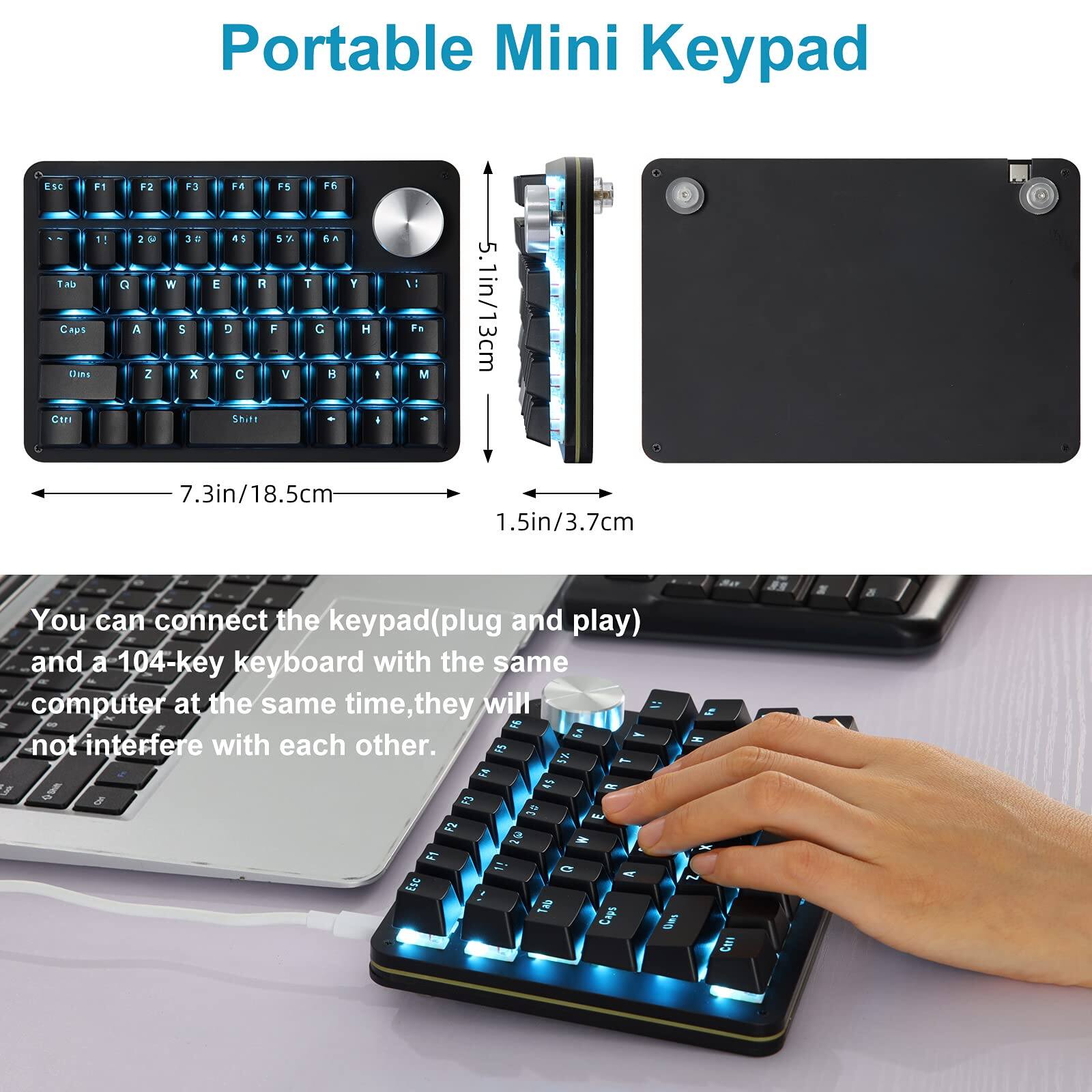 Portable Mini Keypad

You can connect the keypad (plug and play) and a 104-key keyboard with the same computer at the same time, they will not interfere with each other.

Dimensions:
- Length: 7.3in / 18.5cm
- Width: 1.5in / 3.7cm
- Thickness: 0.5in / 1.3cm