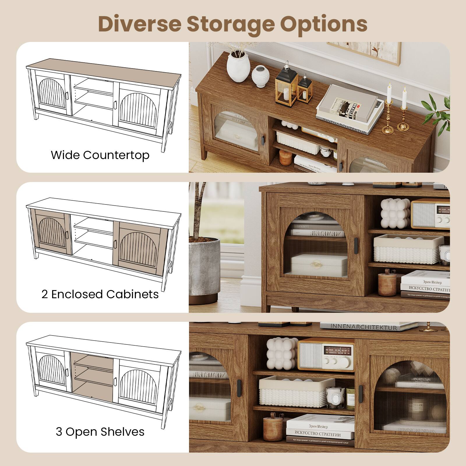 Diverse Storage Options

- Wide Countertop
- 2 Enclosed Cabinets
- 3 Open Shelves