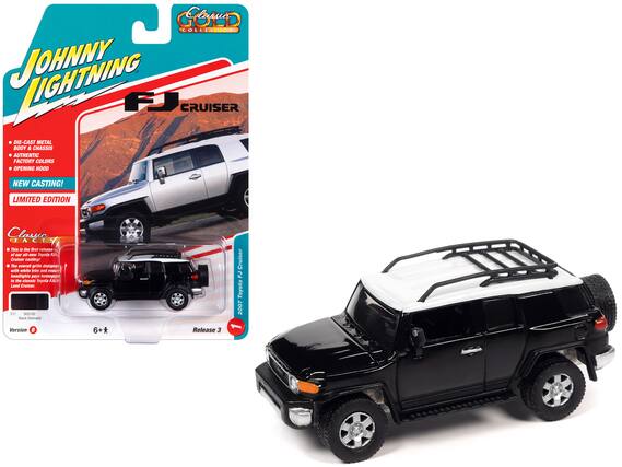Sure, here is the corrected and grouped text from the image:
---
**JOHNNY LIGHTNING**
**FJ CRUISER**
- DIE-CAST METAL BODY & CHASSIS
- AUTHENTIC FACTORY COLORS
- OPENING HOOD
- NEW CASTING!
- LIMITED EDITION
**Classic Collection**
This is the first release of the FJ Cruiser casting! The overall grille design with white trim and round headlights pays homage to the classic Toyota FJ Land Cruiser.
**2007 Toyota FJ Cruiser**
**Version 5**
**Release 3**
**6+**
---
**Collector's Edition**
---
**This is the first release of the FJ Cruiser casting! The overall grille design with white trim and round headlights pays homage to the classic Toyota FJ Land Cruiser.**
**211 902192**
**Black Diamond**
**Version 5**
**Release 3**
**6+**