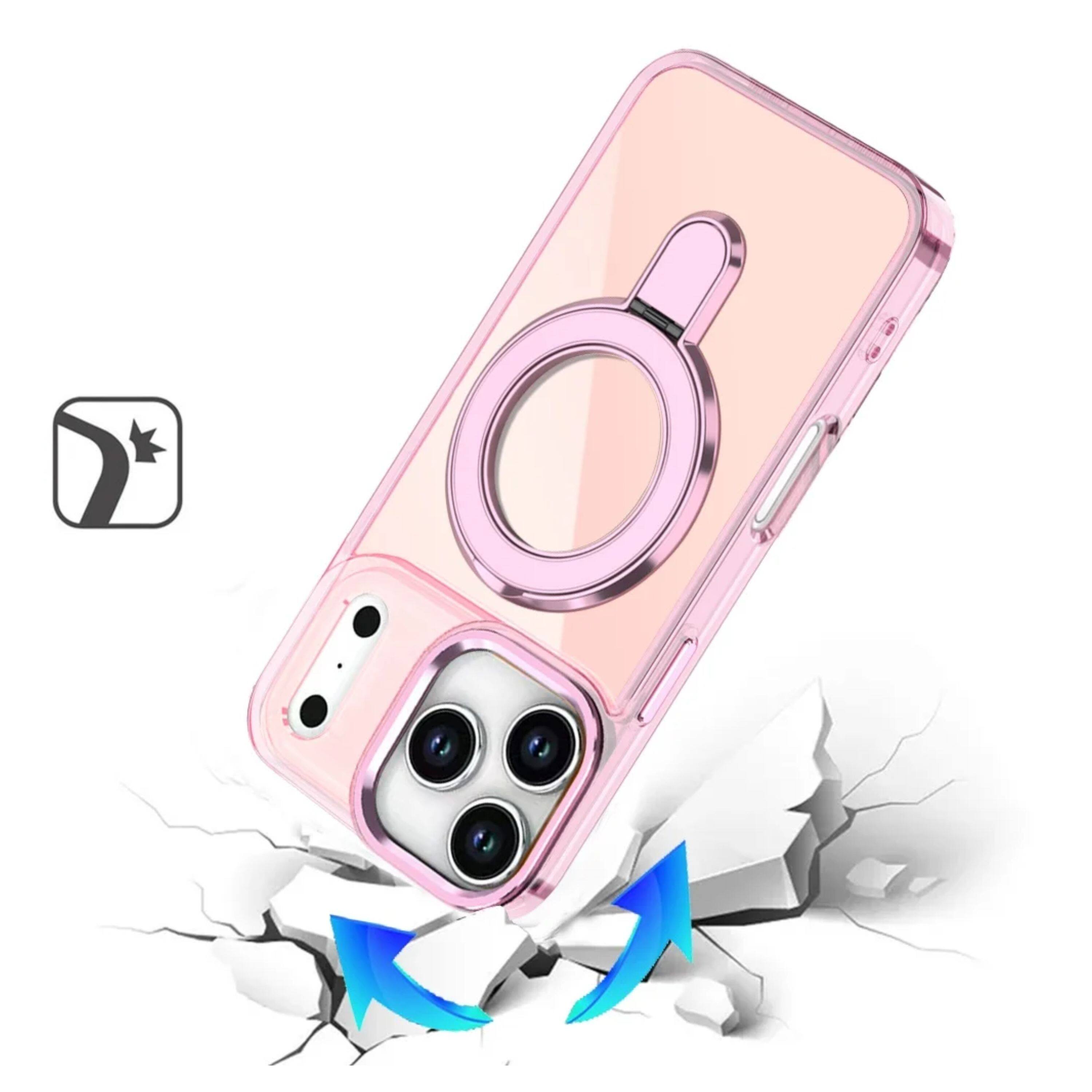 Angle. Kitcheniva - Radiant Chrome Magnetic Circle Stand Phone Case With Tempered Glass For iPhone 17 Pro Max Light Pink - Light Pink.