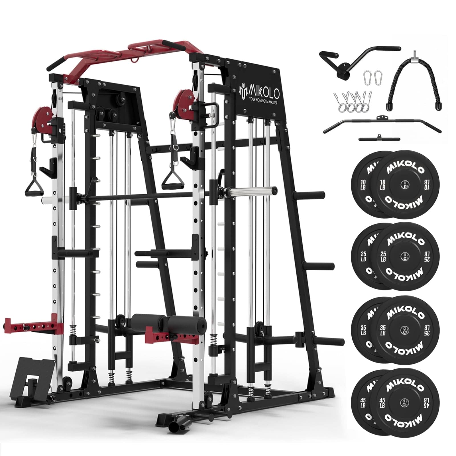 Mikolo - Smith Machine with Aluminum Pulley, 2200 lbs Power Rack Cage with Cable Crossover, Total Body Strength Training Cage - Red