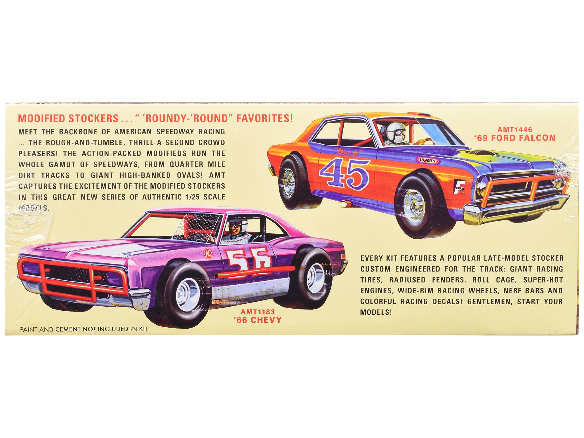 MODIFIED STOCKERS... ROUNDY-'ROUND FAVORITES!  
MEET THE BACKBONE OF AMERICAN SPEEDWAY RACING ... THE ROUGH-AND-TUMBLE, THRILL-A-SECOND CROWD PLEASERS! THE ACTION-PACKED MODIFIEDS RUN THE WHOLE GAMUT OF SPEEDWAYS, FROM QUARTER MILE DIRT TRACKS TO GIANT HIGH-BANKED OVALS! CAPTURES THE EXCITEMENT OF THE MODIFIED STOCKERS IN THIS GREAT NEW SERIES OF AUTHENTIC 1/25 SCALE MODELS!  

AMT1446 '69 FORD FALCON  
AMT1183 '66 CHEVY  

EVERY KIT FEATURES A POPULAR LATE-MODEL STOCKER CUSTOM ENGINEERED FOR THE TRACK: GIANT RACING TIRES, RADIUSED FENDERS, ROLL CAGE, SUPER-HOT ENGINES, WIDE-RIM RACING WHEELS, NERF BARS AND COLORFUL RACING DECALS!  

PAINT AND CEMENT NOT INCLUDED IN KIT  

GENTLEMEN, START YOUR MODELS!