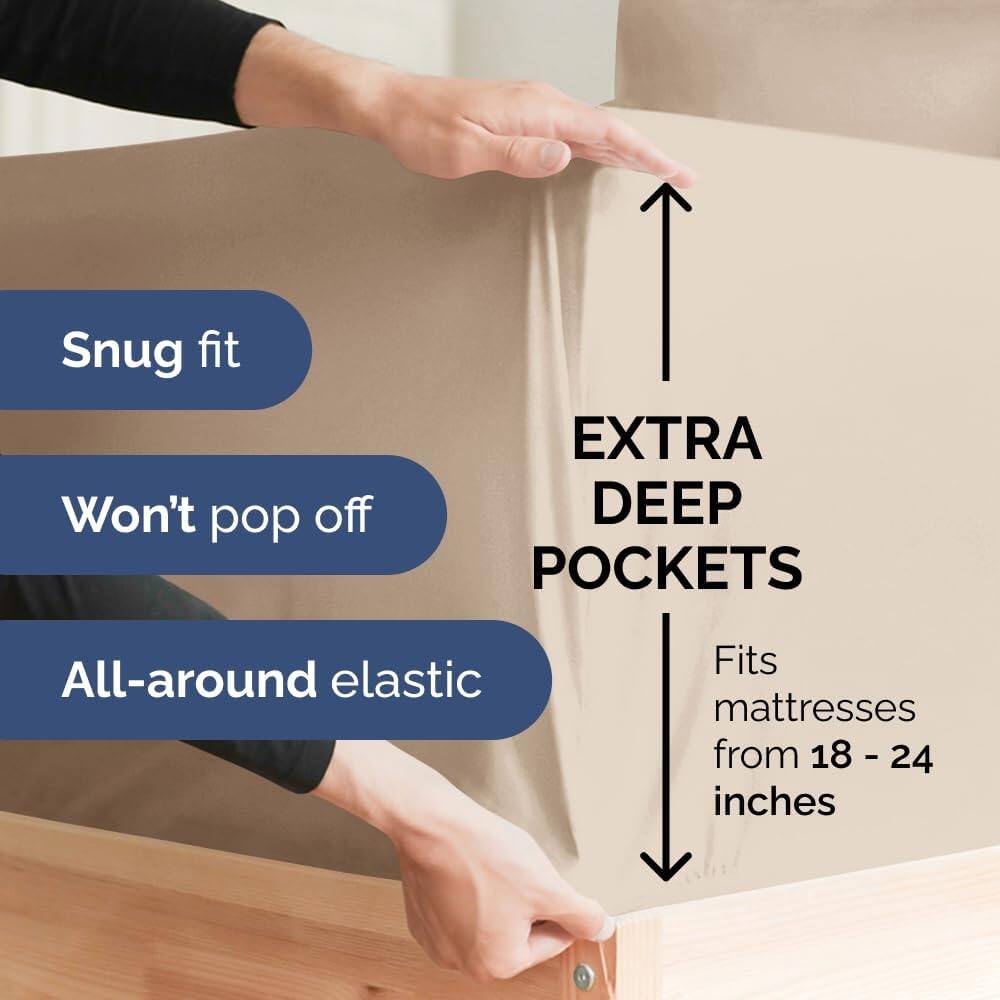 Snug fit  
Won't pop off  
EXTRA DEEP POCKETS  
All-around elastic  
Fits mattresses from 18 - 24 inches