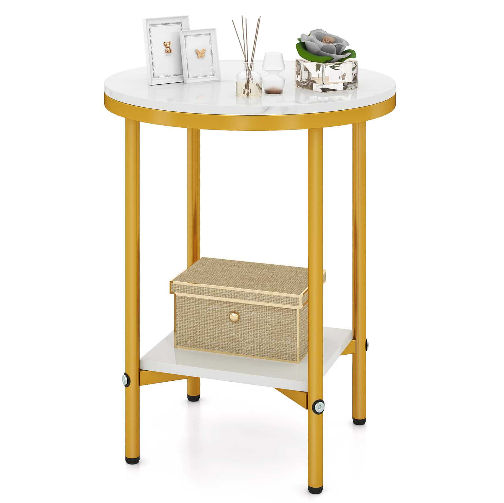 Gymax - 16'' 2-Tier Round Side Table w/Storage Shelf Gold Metal Frame for Living Room - White