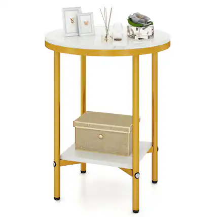 Front. Gymax - Gymax 16'' 2-Tier Round Side Table w/Storage Shelf Gold Metal Frame for Living Room - White.