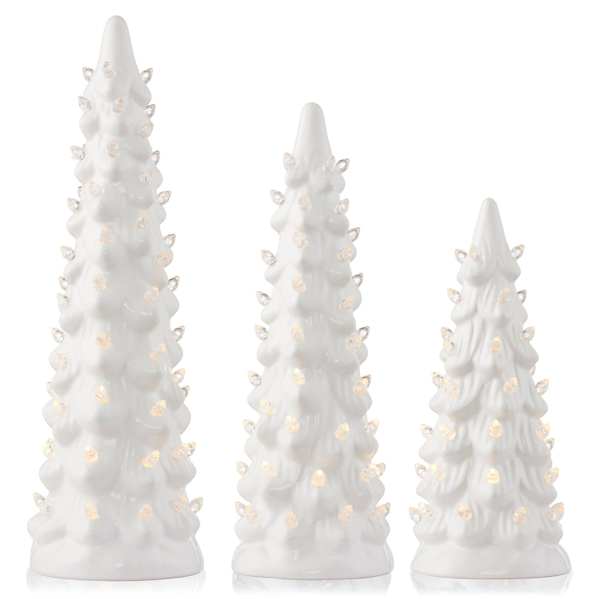 Alt View 2. Casafield - 3PC Set 8/10/12" Pre-Lit Ceramic Christmas Trees with Lights - White w/ White.