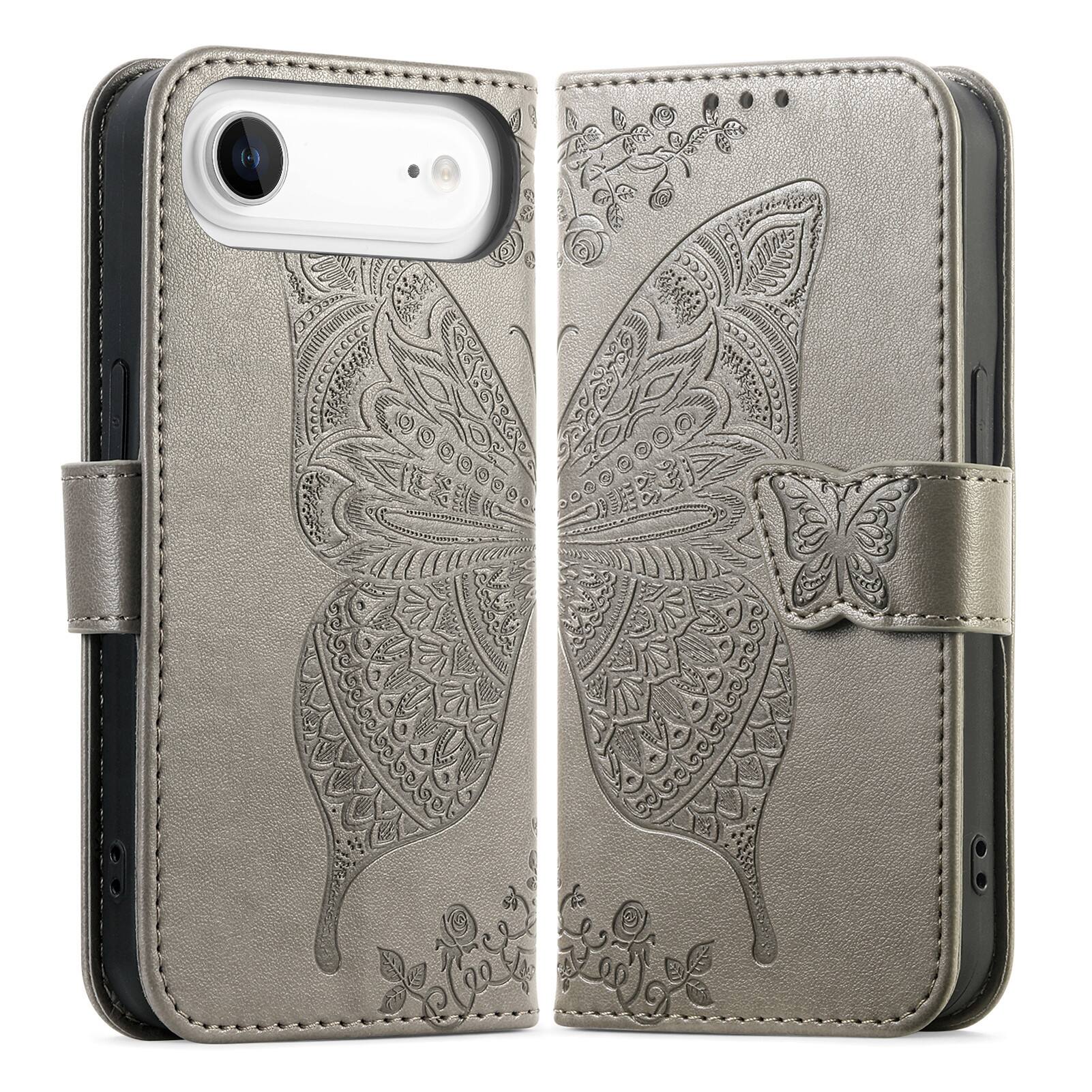 Angle. Dteck - Wallet Case for Apple iPhone Air, Embossed Butterfly Pattern Leather Card Slots Flip Stand Cover+Strap - Gray.