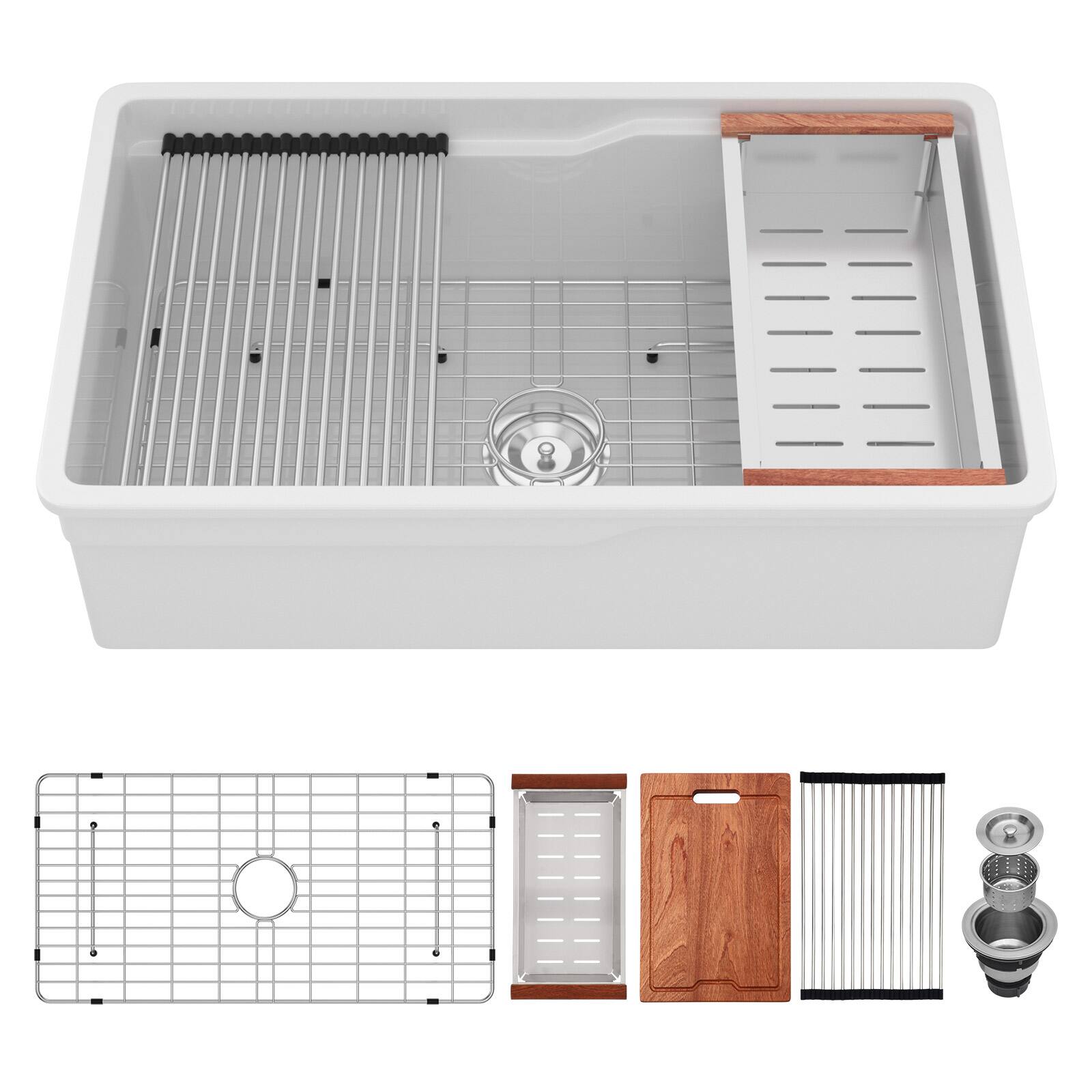 Alt View 8. Siljoy - 32"x19"x10" Undermount Workstation Single Bowl Porcelain Fireclay Kitchen Sink Dual Mount White Rectangular Deep Basin - White.