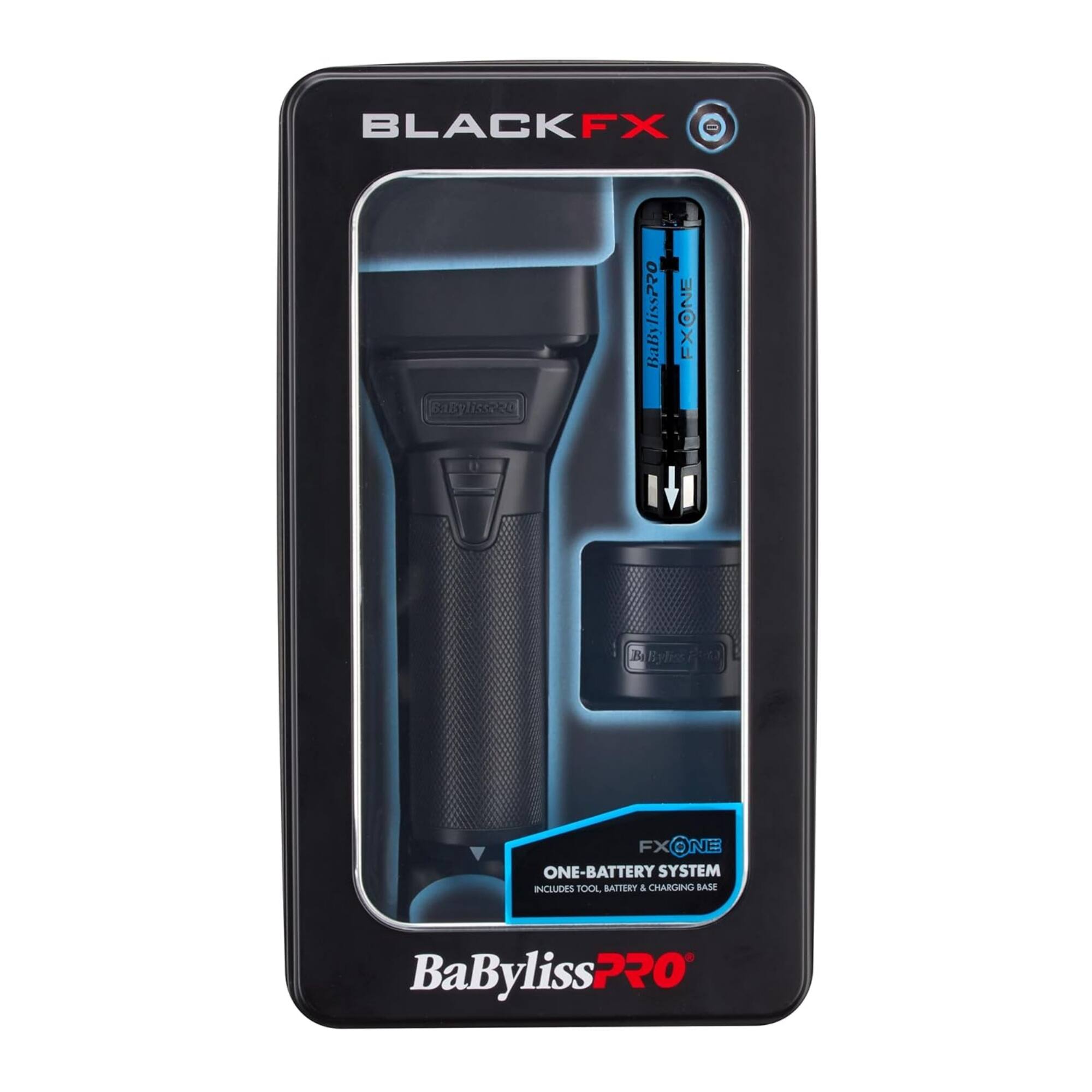 BLACKFX 3aB9IsRR0 BaByliss220 Bal FXONE B Byliss FX FXONE O NE ONE-BATTERY SYSTEM INCLUDES 100L BATTERY 4 CHARGING BASE BaBylissPRO