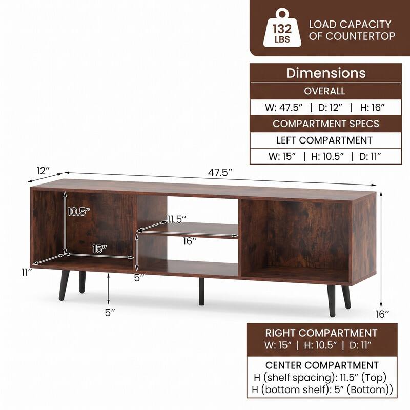 132 LBS LOAD CAPACITY OF COUNTERTOP

Dimensions
OVERALL
W: 47.5" | D: 12" | H: 16"

COMPARTMENT SPECS
LEFT COMPARTMENT
W: 15" | H: 10.5" | D: 11"

RIGHT COMPARTMENT
W: 15" | H: 10.5" | D: 11"

CENTER COMPARTMENT
H (shelf spacing): 11.5" (Top) | H (bottom shelf): 5" (Bottom)