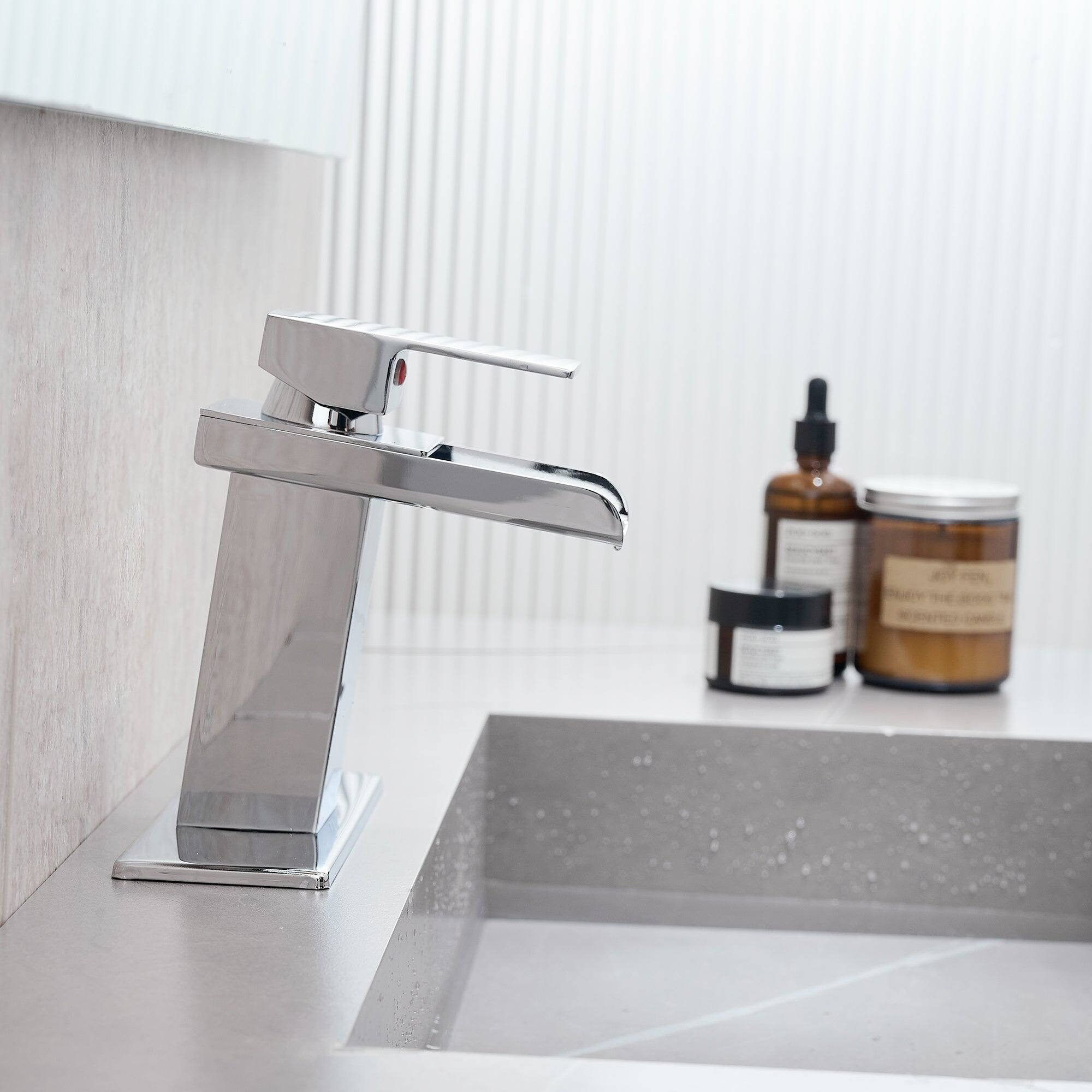 Angle. Boyel Living - Modern Waterfall Single Handle Single Hole Bathroom Faucet Chrome with Deck Plate and Water Supply Hoses - Chrome.