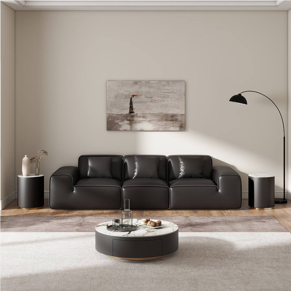 Left. POVISON - 16.14" Round Black Side Table, Modern Sintered Stone Side Table,Modern Minimalist, MDF - Black.