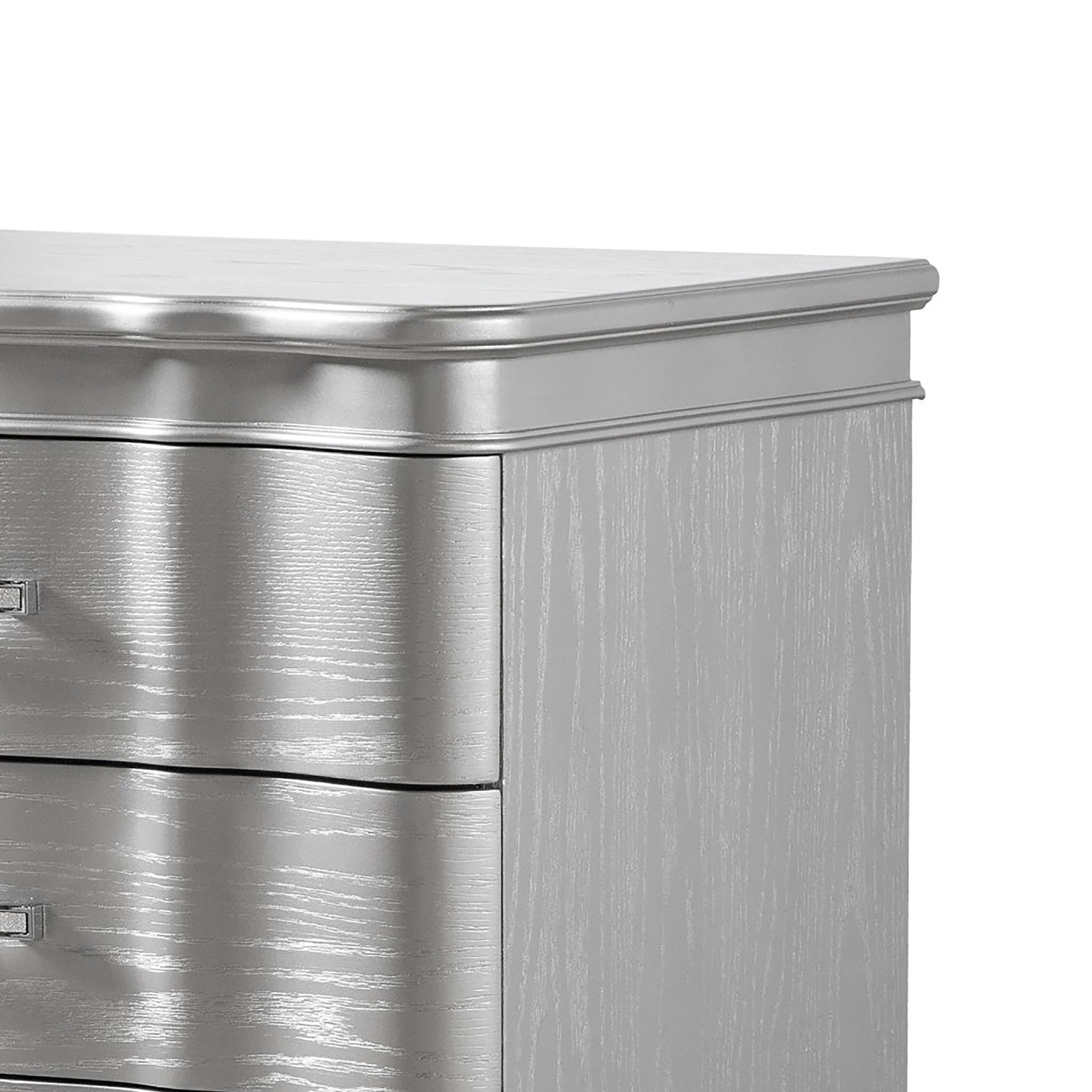 Alt View 2. Manhattan Lane - Eleena Nightstand, 3 Drawers, Silver Solid Wood, Metal Handles 28 Inch - Silver, Chrome.