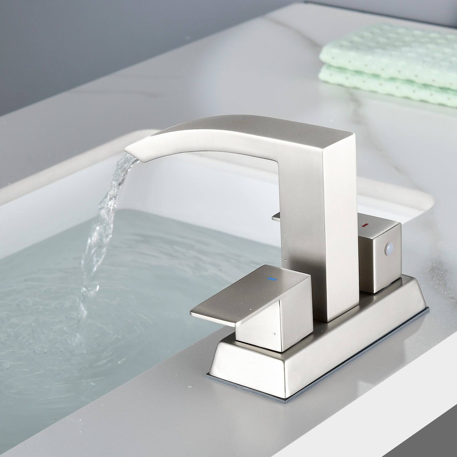 Alt View 4. Boyel Living - Brushed 4 Inch Centerset Faucet SUS304 Waterfall Spout 1.2GPM Dual Handle Pop Up Drain - Brushed Nickel.