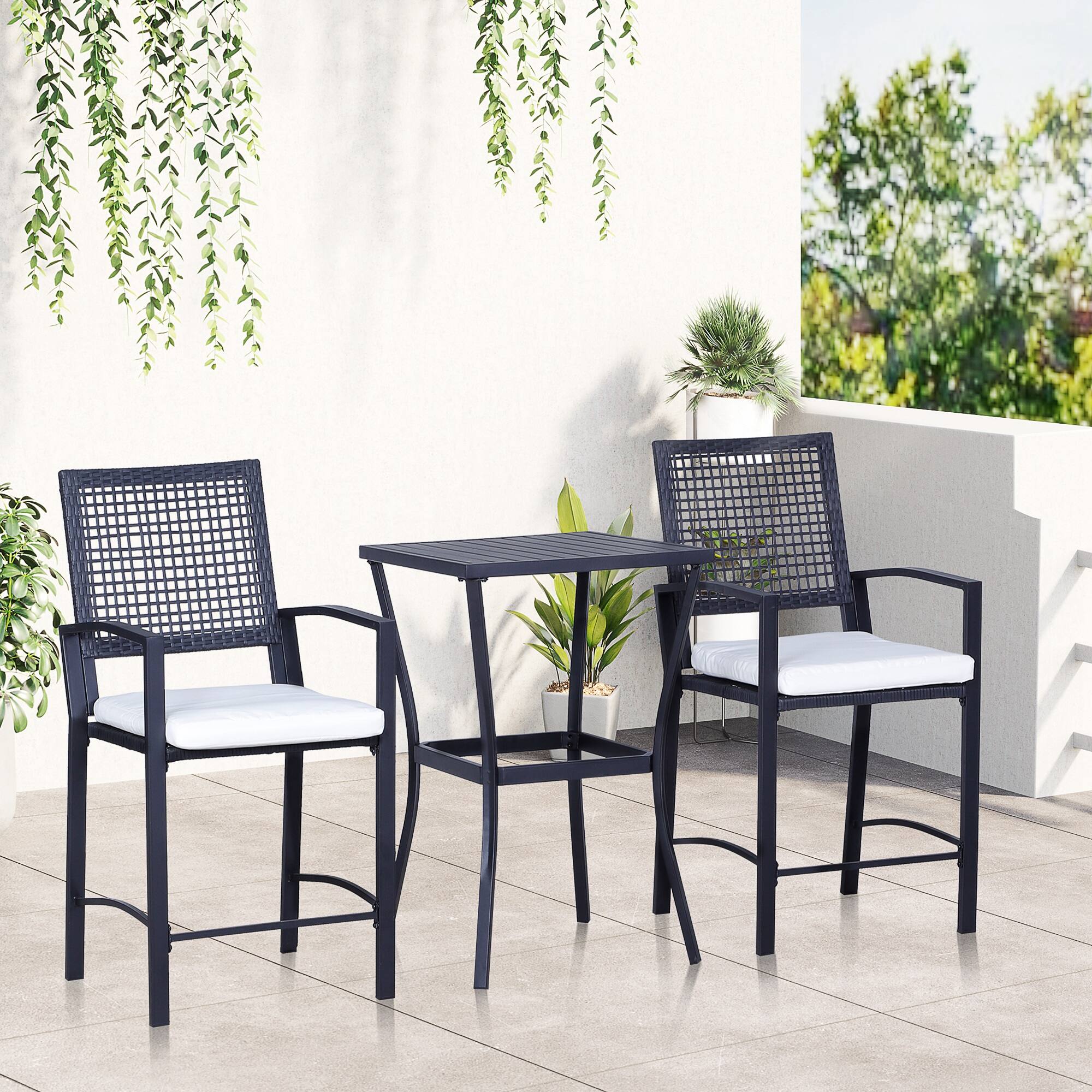 Alt View 1. Outsunny - 3pcs Patio Bar Set with Soft Cushion, Rattan Wicker Outdoor Furniture Set for Backyards, Lawn, Deck, Poolside - Black.