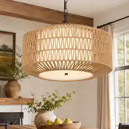 RYHNUYNE - 4-Light Boho Rattan Chandelier,Farmhouse Pendant Light Fixture with Fabric Shade for Dining Room Kitchen - Brown