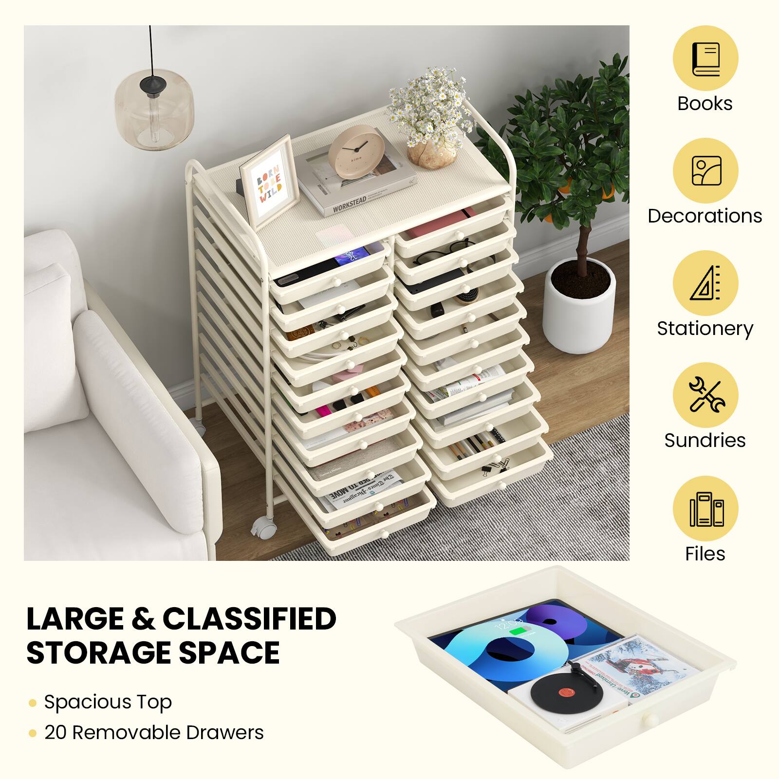 Books E TOIE | Focmes WORASTLAD Decorations Stationery Sundries - P RA U  SNOWY n  Files LARGE & CLASSIFIED STORAGE SPACE  Spacious Top 20 Removable Drawers