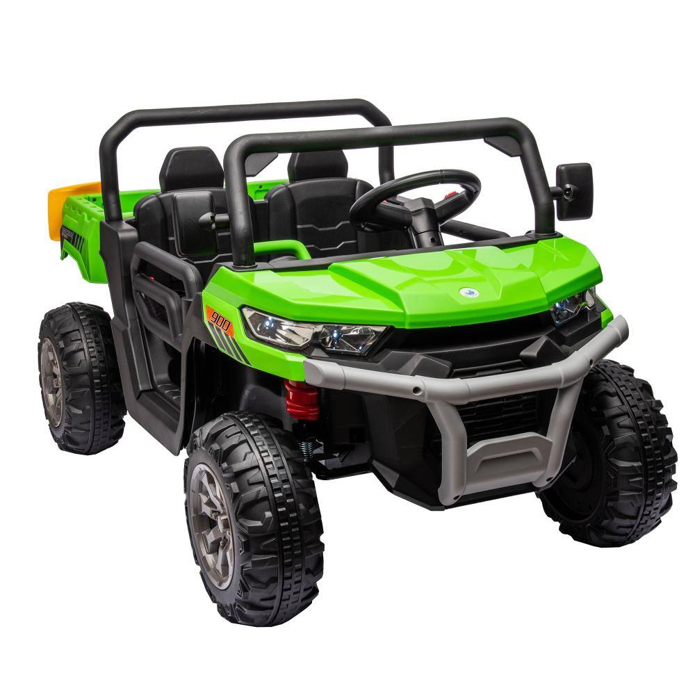 Left. BreeBe - 24V 2-Seater Ride-On UTV Truck w/ 2x200W Motors, Dump Bed/Shovel, Remote Control, Electric Vehicle, Non-Slip Tires - Green.