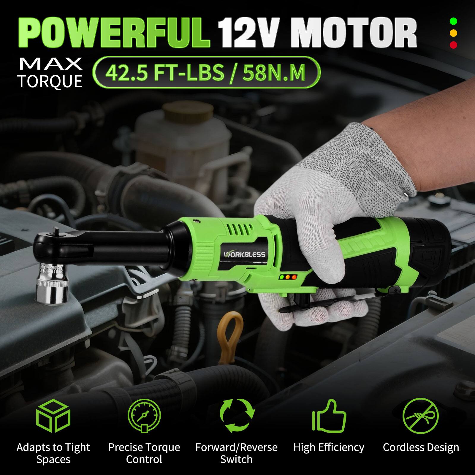 POWERFUL 12V MOTOR  
MAX TORQUE  
42.5 FT-LBS / 58N.M  

- Adapts to Tight Spaces  
- Precise Torque Control  
- Forward/Reverse Switch  
- High Efficiency  
- Cordless Design