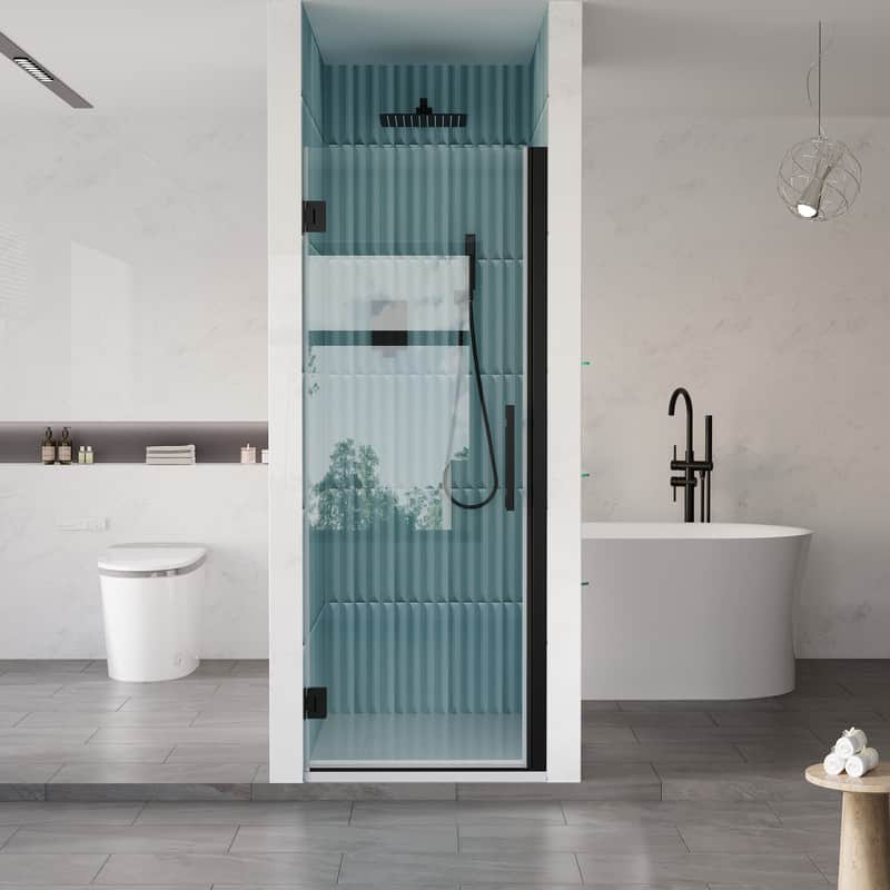 WELLFOR - 28–29 in. W x 72 in. H Frameless Hinged Shower Door with 3/8" Clear Tempered Glass, Reversible Opening - Matte Black