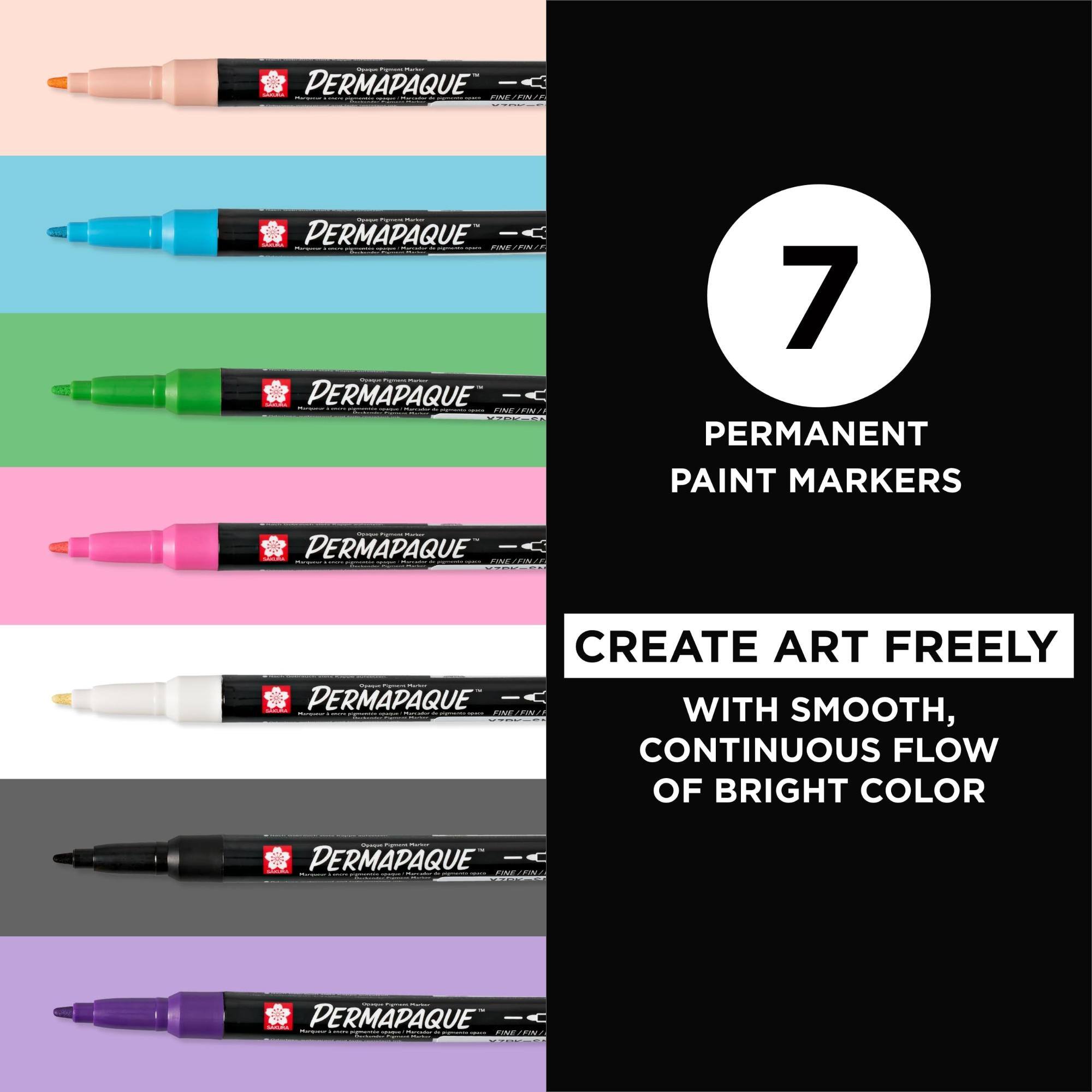 - Marker - PERMAPAQUE" FINE/FIN/F

Quotession  Marker  PERMAPAQUE Quasce Miglions PERMAPAQUE FOVE X7DK-SA
7 PERMANENT PAINT MARKERS
Opents Pigist Reday PERMAPAQUE Pression MONCADIA FINE/FIN/F
CREATE ART FREELY : - PERMAPAQUE WITH Mangung FINE SMOOTH, CONTINUOUS FLOW OF BRIGHT COLOR
Comm Figevent Checker PERMAPAQUE - FINE 1957
-   COHLEURE PERMAPAQUE CHOCOLOGICA FINE/FIN/ desaoment