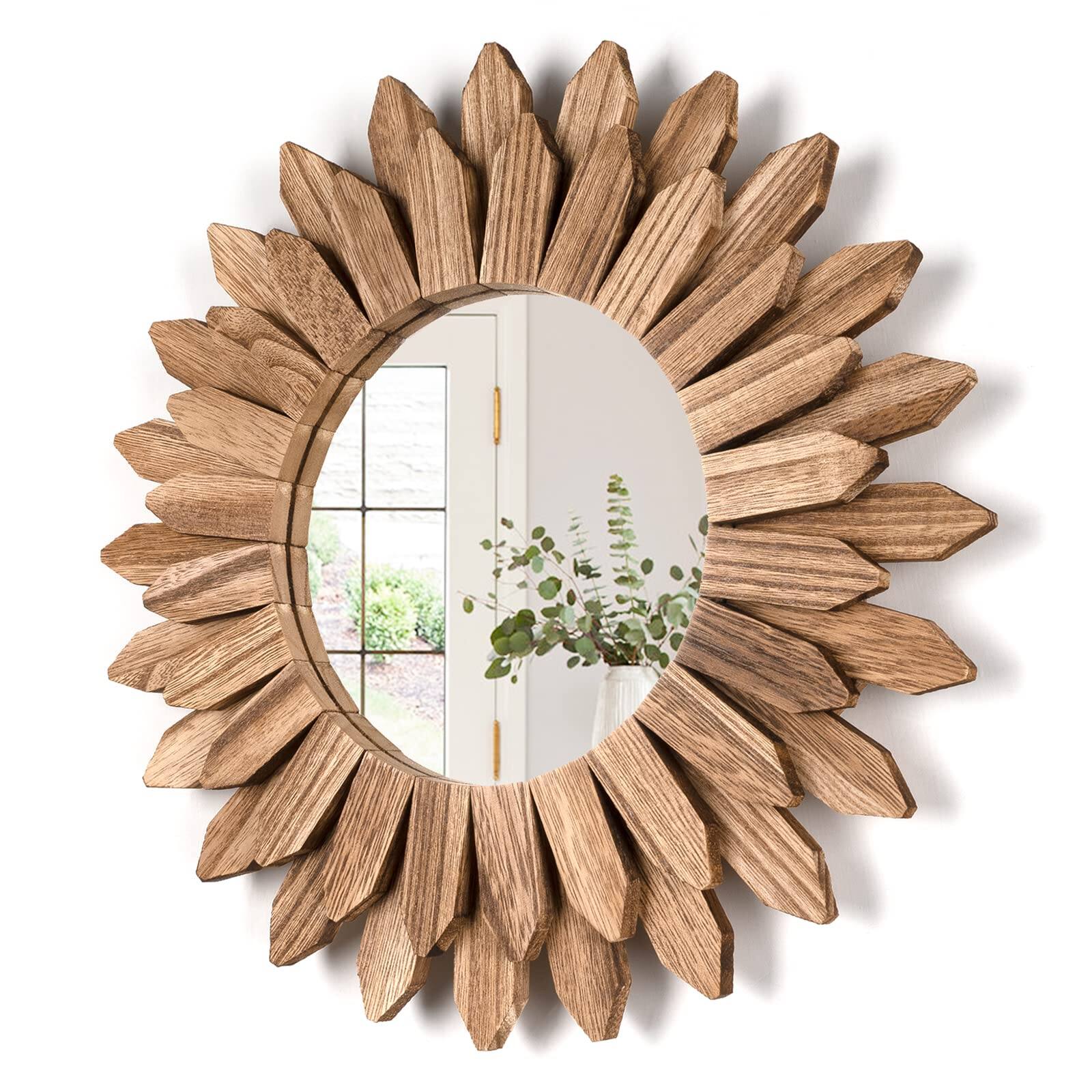 Front. Live At Space - Wall Mirror Decorative 12 Inch Rustic Wood Sunburst Boho For Entryway Bedroom Living Room Bathroom House Warming Gifts - Carbonized Black-12"L x 12"W.
