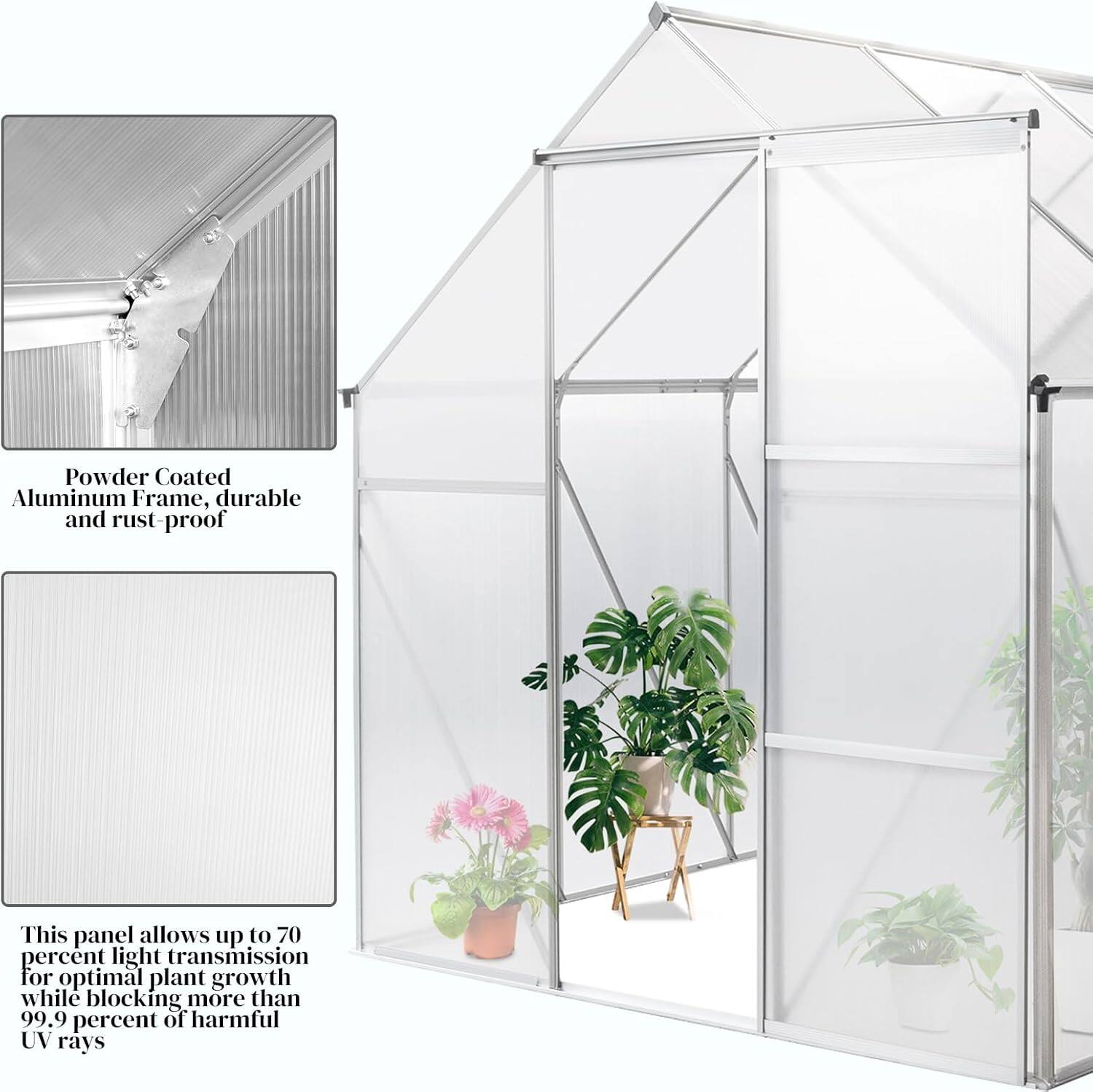 Powder Coated Aluminum Frame, durable and rust-proof

This panel allows up to 70 percent light transmission for optimal plant growth while blocking more than 99.9 percent of harmful UV rays