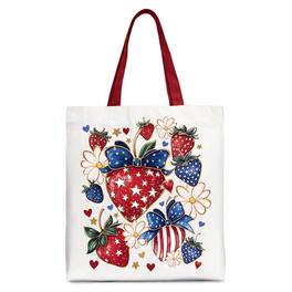 OrnamentallyYou - Patriotic Boho Strawberries Bouquet Canvas Tote Bag, 4th of July Festive Patch Gift - White Red