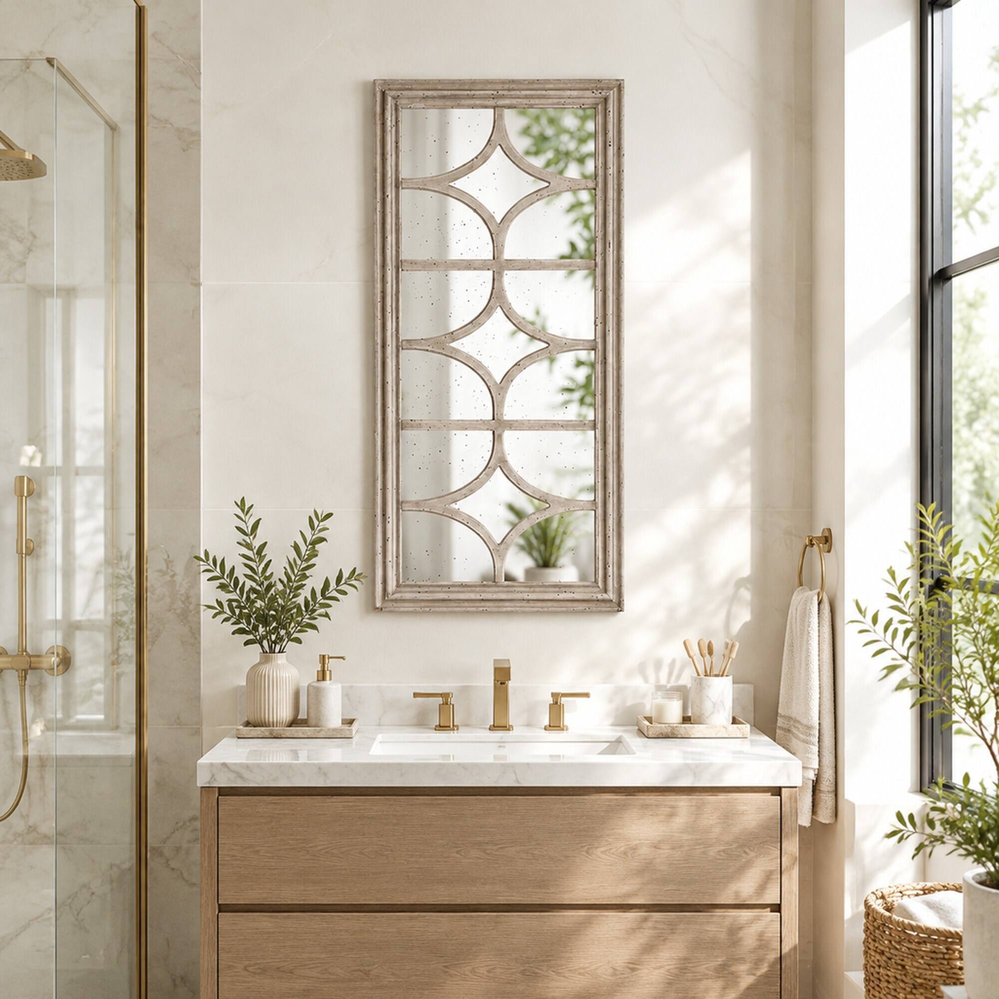 RYHNUYNE 28 x 59 in Rectangular Wall Mirror, Distressed White Frame ...