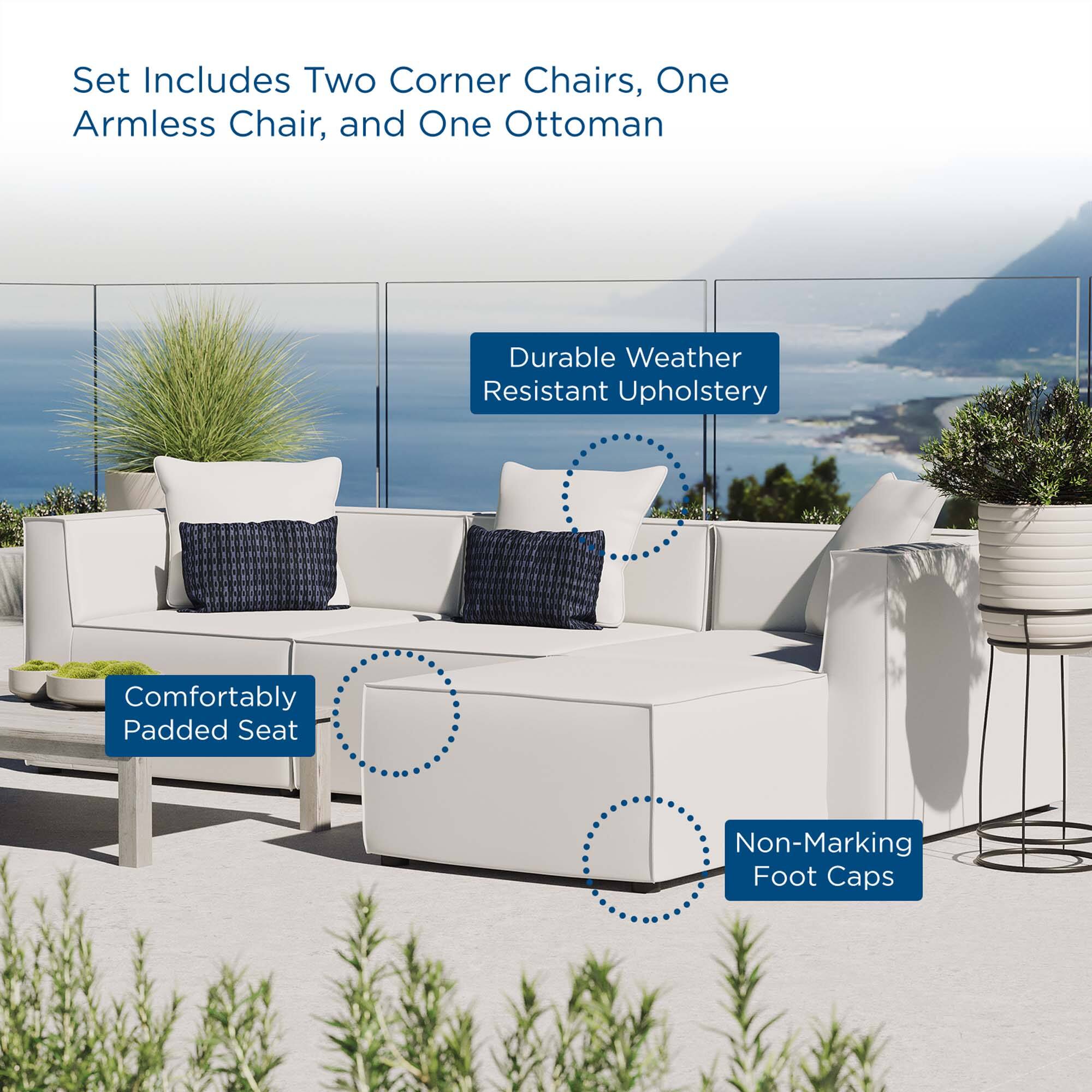 Set Includes Two Corner Chairs, One Armless Chair, and One Ottoman

- Durable Weather Resistant Upholstery
- Comfortably Padded Seat
- Non-Marking Foot Caps