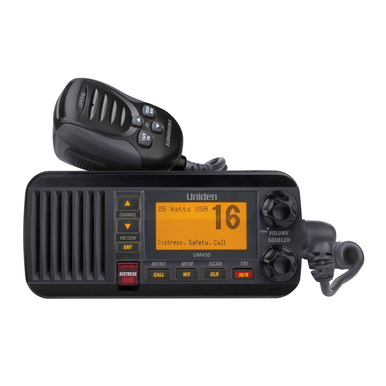 Sure, here is the corrected and grouped text from the image:

---

**Uniden**

**25 Watts USA**

**16**

**Distress. Safety. Call**

**UM435**

**CHANNEL**  
**↑**  
**↓**  
**1W/25W**  
**ENT**

**MENU**  
**MEM**  
**SCAN**  
**TRI**  
**VOLUME**  
**SQUELCH**  
**DISTRESS**  
**CALL**  
**WX**  
**CLR**  
**16/9**

**PWR**  
**VOLUME**  
**SQUELCH**

---

This text is organized based on the layout and labels visible on the device in the image.