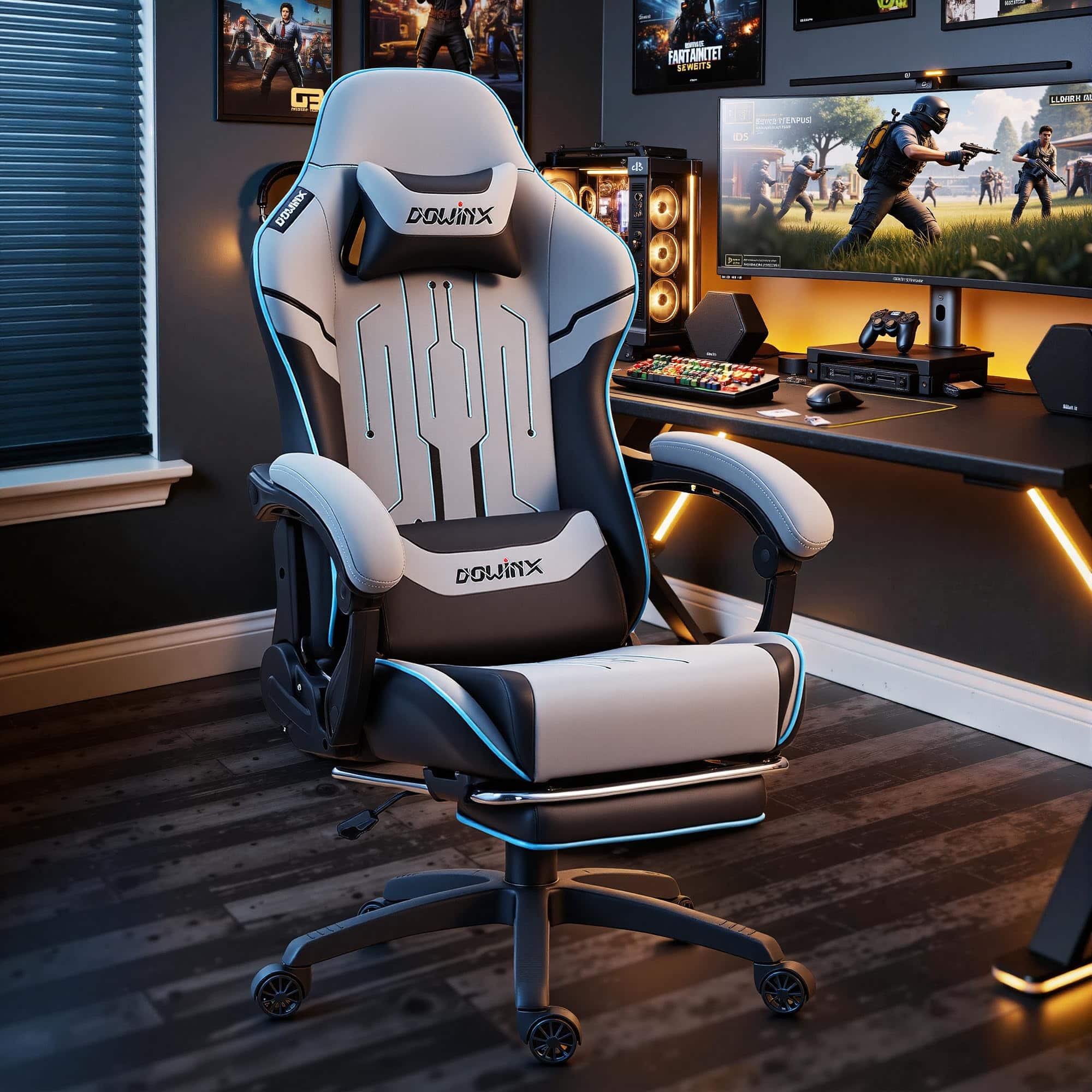 Dowinx - Ergonomic Gaming Chair with Massage Lumbar Support, Office Chair Big and Tall with Footrest&Headrest for Adults - Gray