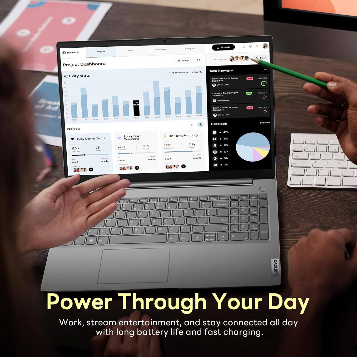 Sure, here is the corrected and grouped text:

---

**Project Dashboard**

- **Activity stats**
  - 120h
  - 25h
  - 221h
  - 60h
  - 189h

- **Projects**
  - Cozy Corner Crafts
  - Sunny Day Gardening
  - DIY Home Harmony

- **Tasks in progress**
  - Cozy Corner Crafts Project
  - Sunny Day Gardening Project
  - DIY Home Harmony Project

- **Used app**
  - Home Harmony
  - 45%
  - 31%
  - 14%
  - 5%
  - 3%

---

**Power Through Your Day**

Work, stream entertainment, and stay connected all day with long battery life and fast charging.