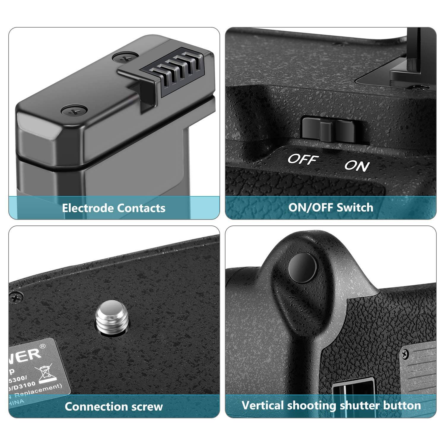 - Electrode Contacts
- ON/OFF Switch
- Connection screw
- Vertical shooting shutter button