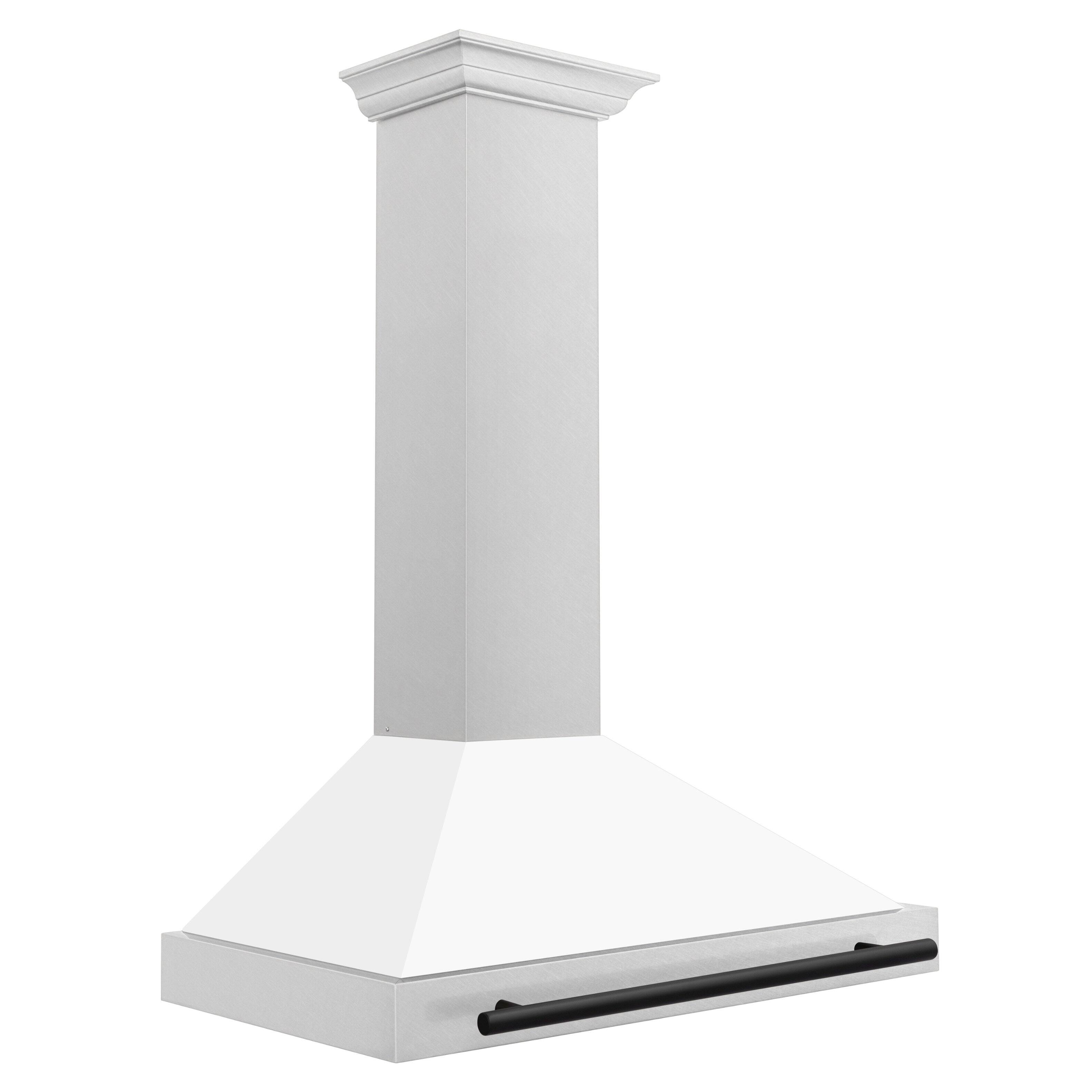 Left. ZLINE - Autograph 36 in. Convertible Satin Stainless Steel Wall Mount Range Hood with White Matte Shell and Matte Black Handle - Stainless steel.