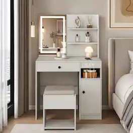 WELLFOR - Makeup Vanity Desk with 3‑Color Dimmable Lighted Mirror, Charging Station and Storage Cushioned Stool for Bedroom - White