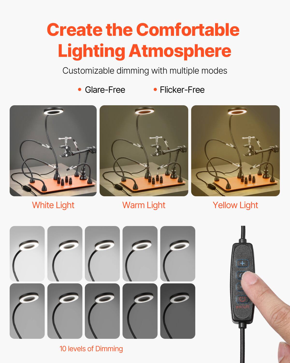 Create the Comfortable Lighting Atmosphere

Customizable dimming with multiple modes

- Glare-Free
- Flicker-Free

White Light
Warm Light
Yellow Light

10 levels of Dimming